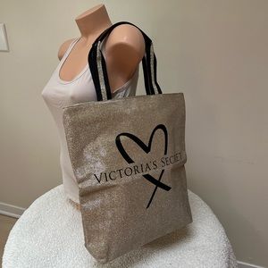 Victoria's Secret Glamour Glitter Bling Gold Tote Bag with Black Heart VS Logo